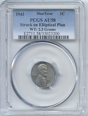 1943 Steel Cent Struck on Elliptical Planchet PCGS AU 58 Ex-Fred