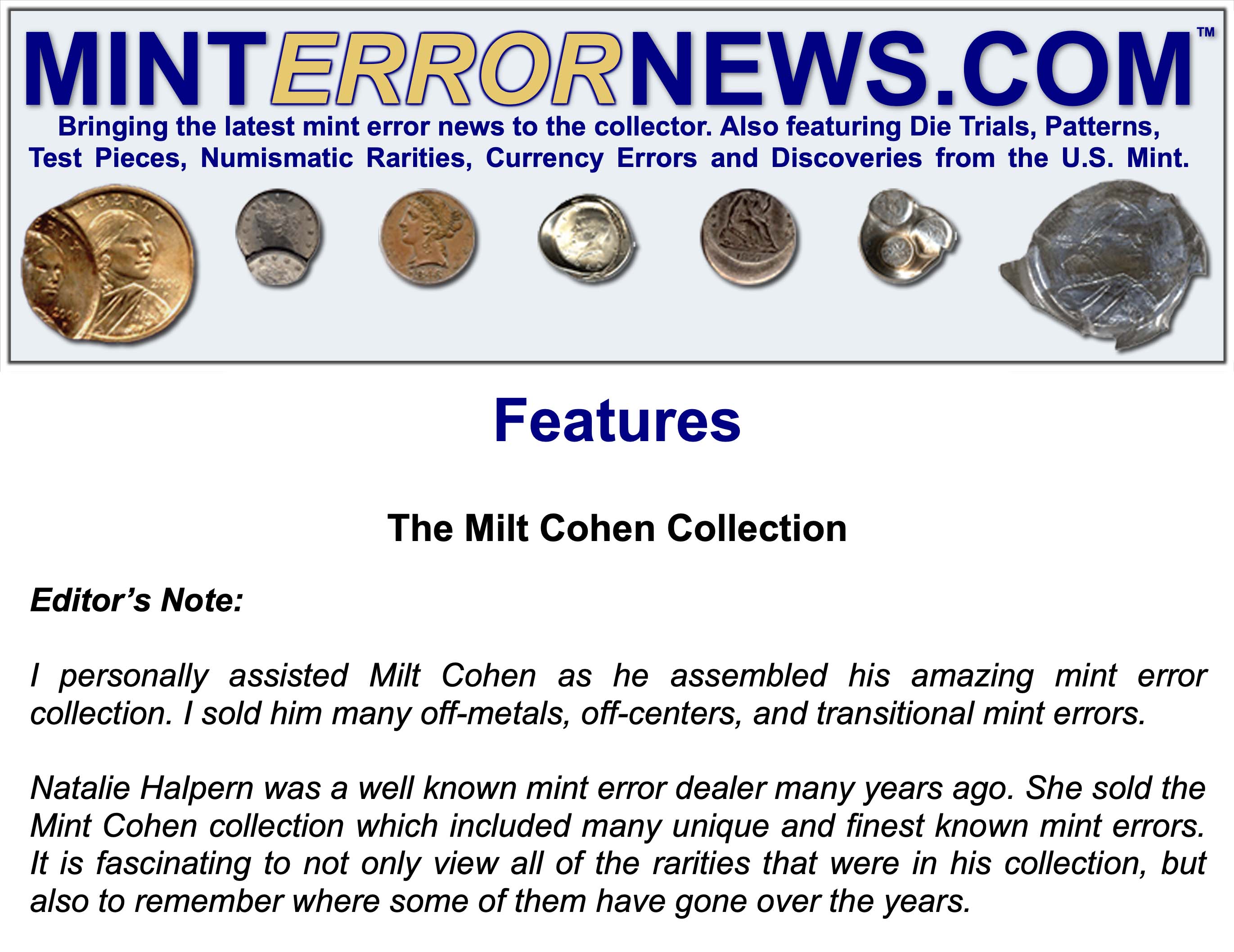 Mint Error News - The Milt Cohen Collection